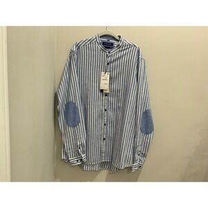 Zara Man Linen Stripe Grandad Collar Shirt XL Blue White Slim Fit Elbow Patches